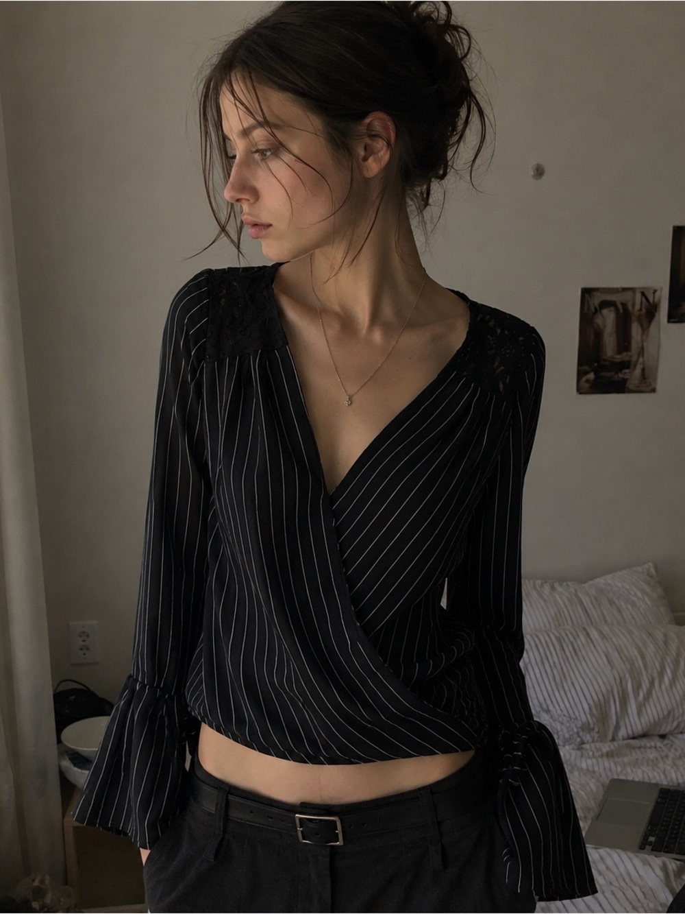 Morgan De Toi Black Pinstripe Lace Sleeve Wrap Blouse